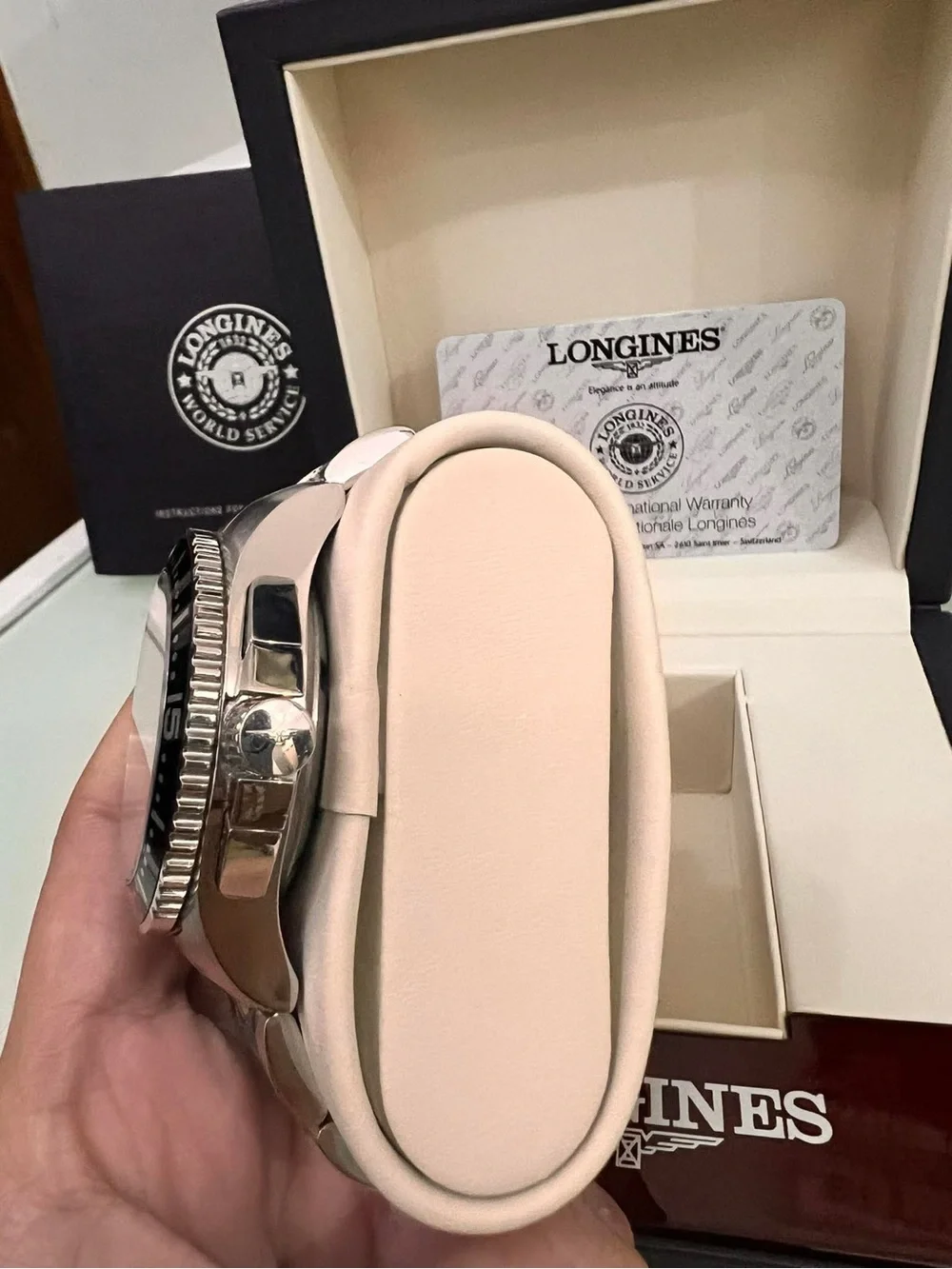 Longines Silver Steel Chronograph Watch with White Dial and Black Bezel